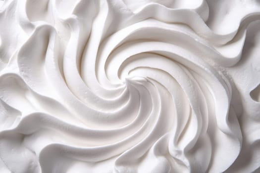A smooth and clean swirl of whipped cream is artistically arranged on a white background, highlighting the elegant simplicity of minimalist dessert decoration.