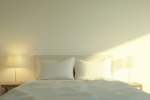 The cozy bedroom features a neatly made bed with white linens, complemented by soft lighting from lamps on either side. The minimalist decor enhances a sense of calm and tranquility.