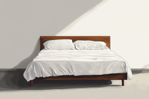 A wooden bed with crisp white linens sits against a light-colored wall in a clean, minimalist environment, creating a tranquil atmosphere. The simplicity invites relaxation and comfort.
