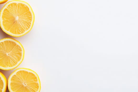 Bright and juicy lemon slices are neatly positioned against a pristine white backdrop, highlighting their vibrant color and texture. Perfect for culinary and artistic presentations.