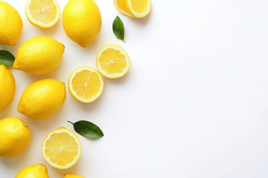 Bright yellow lemons are artfully arranged on a clean white background, showcasing their vibrant color and fresh appeal, perfect for a kitchen or culinary atmosphere.
