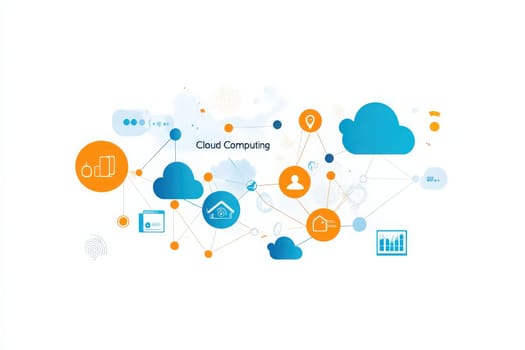 The visual represents the concept of cloud computing with various icons showcasing data management, connectivity, and storage.