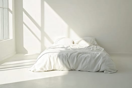 This serene bedroom showcases a neatly made bed with soft white linens, bathed in natural light streaming through large windows, creating a calming atmosphere.