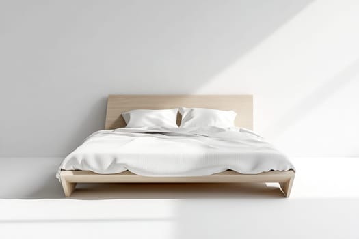 A clean and minimalist bedroom showcases a light wooden bed with crisp, white bedding. Sunlight streams in, creating a peaceful atmosphere, inviting relaxation and tranquility.
