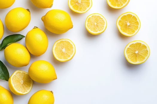Bright and fresh citrus lemons are scattered across a pristine white background, highlighting their cheerful yellow hues and juicy interior. A simple yet appealing composition invites the viewer.