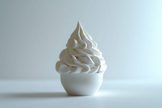 A beautifully crafted swirl of whipped cream sits in a small white cup, highlighting its smooth texture and minimalist design against a soft, neutral backdrop.