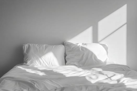 A pristine bed features crisp white linens and fluffy pillows, illuminated by gentle sunlight filtering through a window, creating a serene and inviting atmosphere in the room.