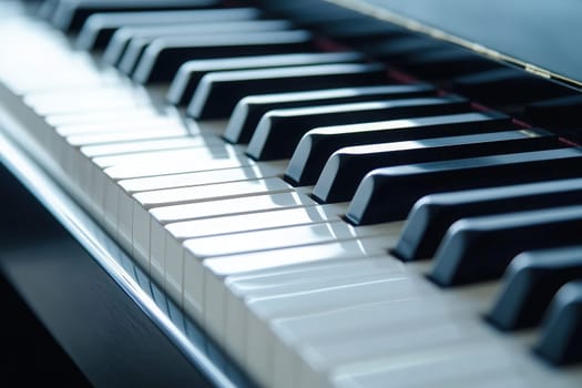The polished piano keys glisten under the soft daylight, showcasing a close perspective of their classic black and white design, inviting touch and musical expression.