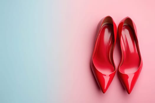 A pair of elegant red classic pumps rests on a soft pastel background, highlighting their sleek design and shiny finish. The shoes embody sophistication and versatility for any occasion.