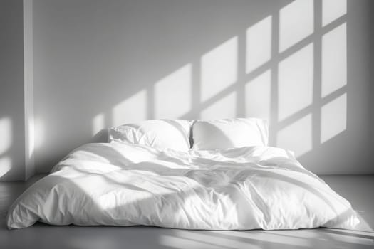 Sunlight streams through a window, creating a soft pattern of shadows over a neatly made white bed in a minimalist bedroom. The atmosphere is calm and inviting, encouraging relaxation.