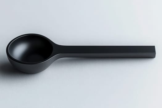 This sleek black spoon rests on a light gray surface, highlighting its clean lines and modern minimalist design. The focus is on the objects simplicity and elegance.