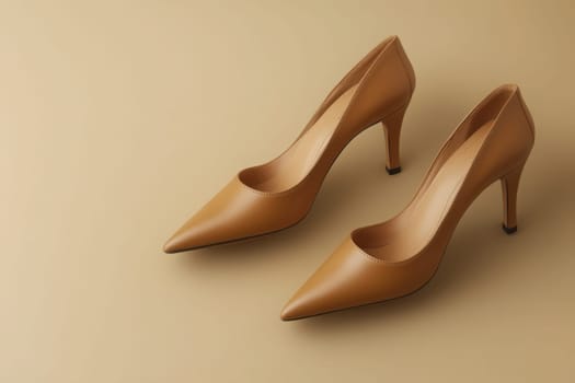 Classic pumps are presented on a smooth, clean solid surface, showcasing their sleek design and timeless elegance. The warm tone complements the heels, perfect for any fashion-forward occasion.