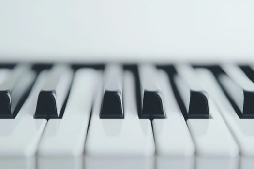 A detailed view captures the pristine condition of piano keys, highlighting their smooth surfaces and distinct black and white contrasts. The focus emphasizes musical elegance and craftsmanship.