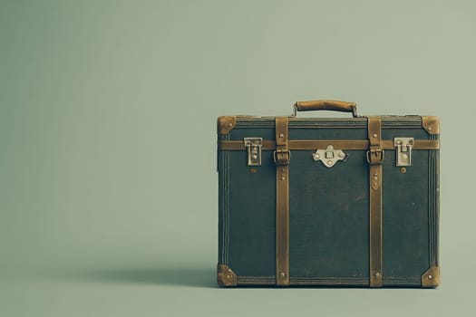 A closed, vintage suitcase sits on a spotless solid floor, showcasing its classic design and aged materials. The calm atmosphere highlights the suitcases timeless appeal in a neat space.