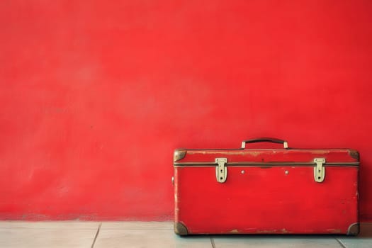 A closed red suitcase rests on a clean floor, contrasting with the bold red wall behind it. The scene evokes a sense of anticipation for travel and adventure, waiting to be explored.
