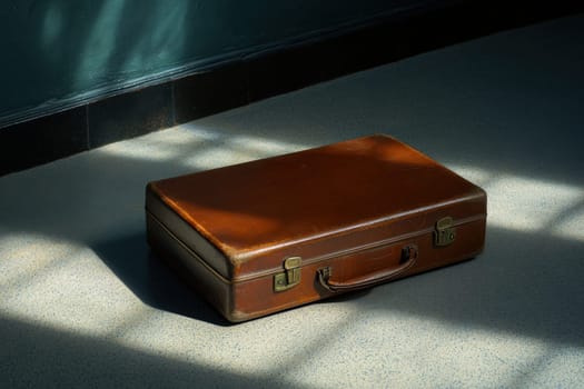 A closed suitcase sits on a polished floor, bathed in gentle sunlight filtering through a nearby window, creating a serene atmosphere in the quiet space.