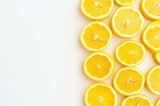Bright yellow citrus lemons are neatly sliced and displayed against a solid white background, ideal for culinary presentations or refreshing recipes. Their vibrant color adds a cheerful touch.
