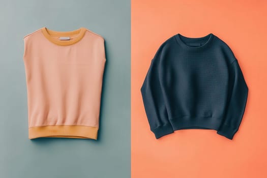 Two stylish sweatshirts are laid flat on complementary backgrounds, one in soft peach and the other in deep navy, showcasing a clean, minimalist fashion aesthetic that emphasizes simplicity.