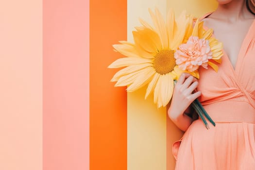 Wearing a flowing peach-colored dress, a woman holds a bouquet of bright flowers, standing in front of a lively striped wall. The soft sunlight enhances the cheerful colors, creating a warm ambiance.