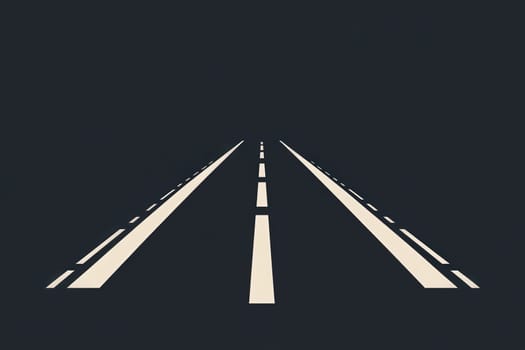 A minimalist design featuring a clean road with white markings extending towards a distant horizon. The contrast between the dark background and the road creates a striking visual effect.