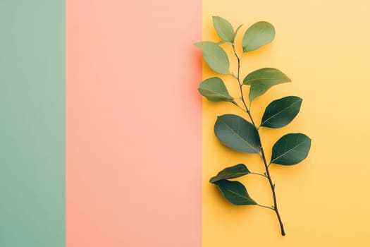 A single green leaf branch is placed on a bright yellow background, complemented by soft pastel green and pink stripes.
