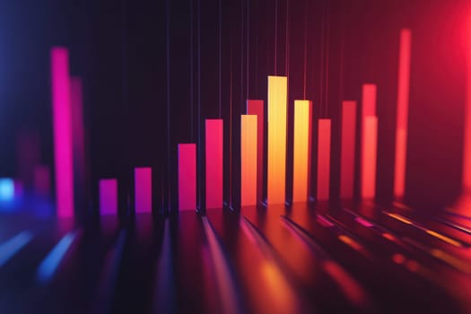 The visual depicts a financial bar chart in a minimalist style, showcasing a decline with bars in gradient hues, creating a striking contrast against a dark background.