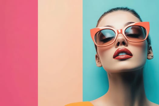 A stylish woman poses confidently, wearing oversized sunglasses and vibrant lipstick. The clean minimalist design features soft pastel colors, enhancing her bold fashion statement.