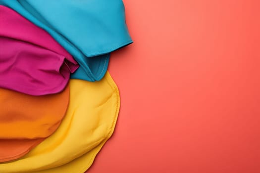 Brightly colored fabrics are neatly piled on a vibrant coral background, emphasizing a clean and minimalist design suitable for fashion ideas and inspiration for designers.