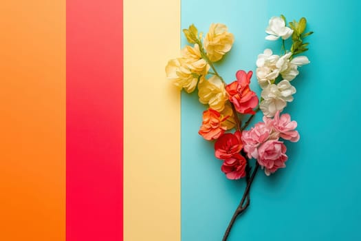 Brightly colored flowers in shades of pink, yellow, and white are artistically arranged on a clean, minimalist background featuring bold, vibrant stripes in orange, red, yellow, and blue.