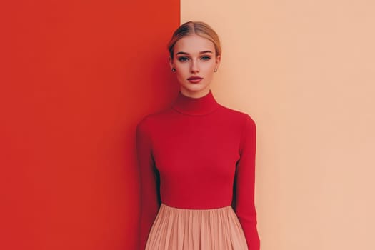 A woman stands confidently against a striking two-tone backdrop featuring red and soft beige. She wears a fitted red turtleneck and a flowing neutral skirt, embodying a clean and modern style.