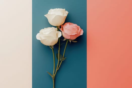 A delicate arrangement of three roses, one white and two pink, placed on a striking background with contrasting color blocks, showcasing clean lines and a minimalist aesthetic.