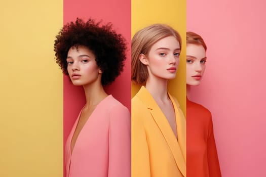 Three women pose beautifully, each wearing sleek outfits in different colors. The vibrant backdrop features bold yellow and pink hues, enhancing the clean and minimalist aesthetic of their looks.