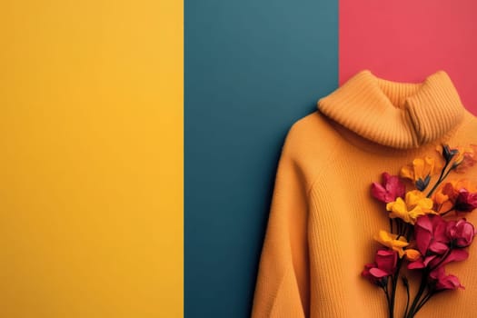 A stylish yellow sweater is gracefully placed against a clean, geometric backdrop of blue and red. A cluster of colorful flowers rests gently on its collar, enhancing the minimalist aesthetic.