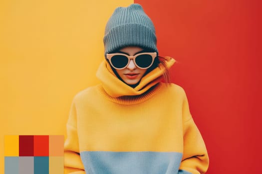Wearing a stylish oversized sweater and a knit beanie, a woman stands confidently in front of a striking color-blocked wall. Her chic sunglasses complement the vibrant backdrop.