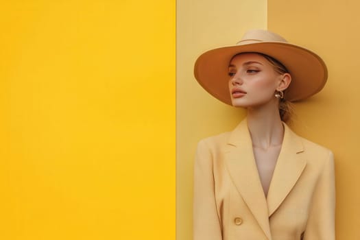 A stylish woman poses in a tailored yellow suit and wide-brimmed hat, leaning against a bright yellow wall. The minimalist backdrop emphasizes her elegant fashion choice and confident demeanor.