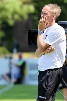 Thoughtful on the sidelines: Coach Reiner Scheu (FC 08 Villingen) at the SBFV Cup final 22/23: FC 08 Villingen - SV Oberachern
