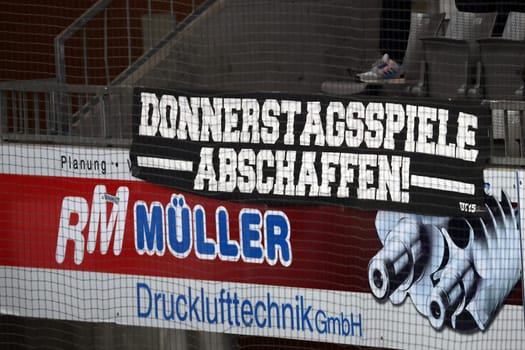 Abolishing Thursday games is written on a banner at the game of the DEL 24-25,10th Sptg.: Schwenninger Wild Wings vs Iserlohn Roosters