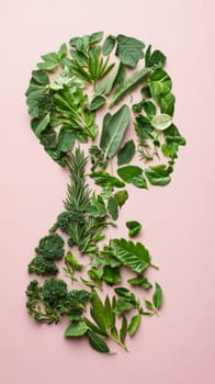 Silhouette of human head made from green leaves on light background, AI generated