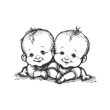 Two Smiling Babies Hugging Each Other in a Black and White Sketch