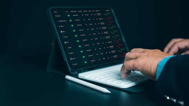 Investors use laptops to analyze stock market, investment strategies. and business growth analysis, investing in companies with long-term competitive advantages, Broker use tablet analysing trading.