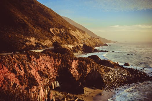 View on Big Sur pacific coast with coastal highway SR1 in California, USA
