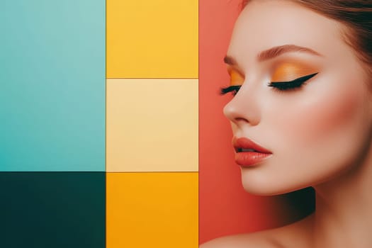 A woman poses elegantly with vibrant eye makeup and soft lipstick, complementing a colorful background of geometric shapes during bright daylight, emphasizing a clean minimalist aesthetic.