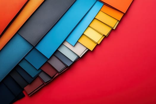 A range of fabric swatches in various colors showcases a clean, minimalist design, arranged neatly against a striking red background, highlighting their textures and hues.