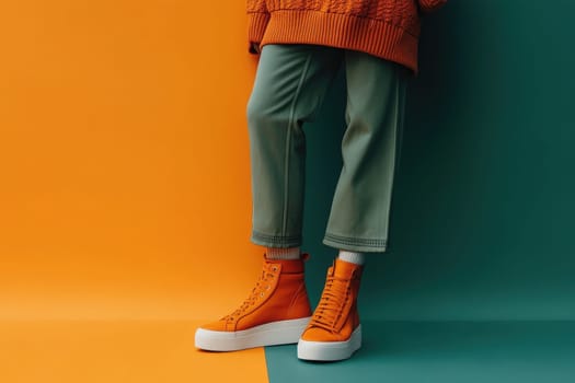 A person showcases a modern, minimalist fashion look featuring an orange textured sweater and bright orange sneakers.