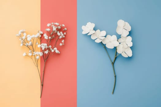 Delicate white flowers are arranged beautifully, contrasting against bold backgrounds of yellow, red, and blue. This composition embodies a fresh, minimalist aesthetic perfect for modern decor.