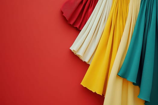 Several stylish skirts in varying colors hang against a bright red wall, showcasing a clean, minimalist aesthetic. The arrangement highlights the smooth textures and unique pleats of each garment.