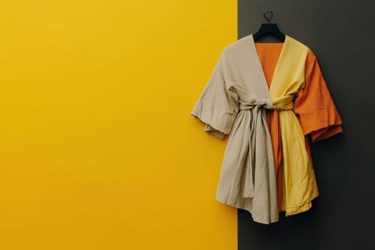 A stylish garment hangs gracefully on a hanger, showcasing a unique blend of vibrant colors against a minimalist, two-tone wall. This fashion piece highlights simplicity and elegance.