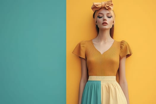 A fashionable woman stands confidently against a bold, two-colored wall, showcasing a clean, minimalist outfit. She wears a textured top with a vibrant skirt and a matching headband, exuding elegance.