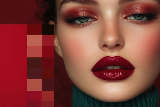 The models flawless skin is highlighted by deep red lips and striking eye makeup, complemented by a stylish turtleneck. The backdrop features a clean design with a curated color palette.