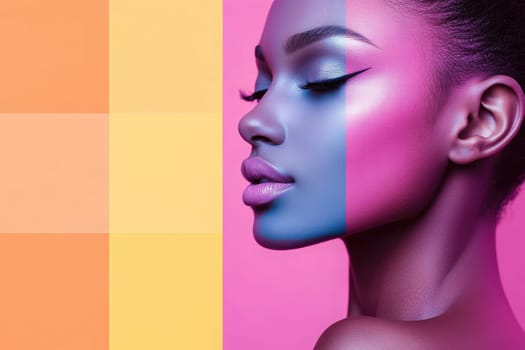 A model showcases striking makeup with bold colors of blue and pink on one side of her face, complemented by a clean, minimalist backdrop that enhances the vibrant look.